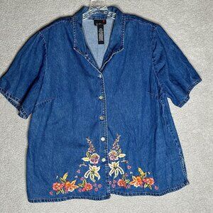 Scarlett Denim Shirt 24W Plus Size Embroidered‎ Floral Button Up 90s Y2K